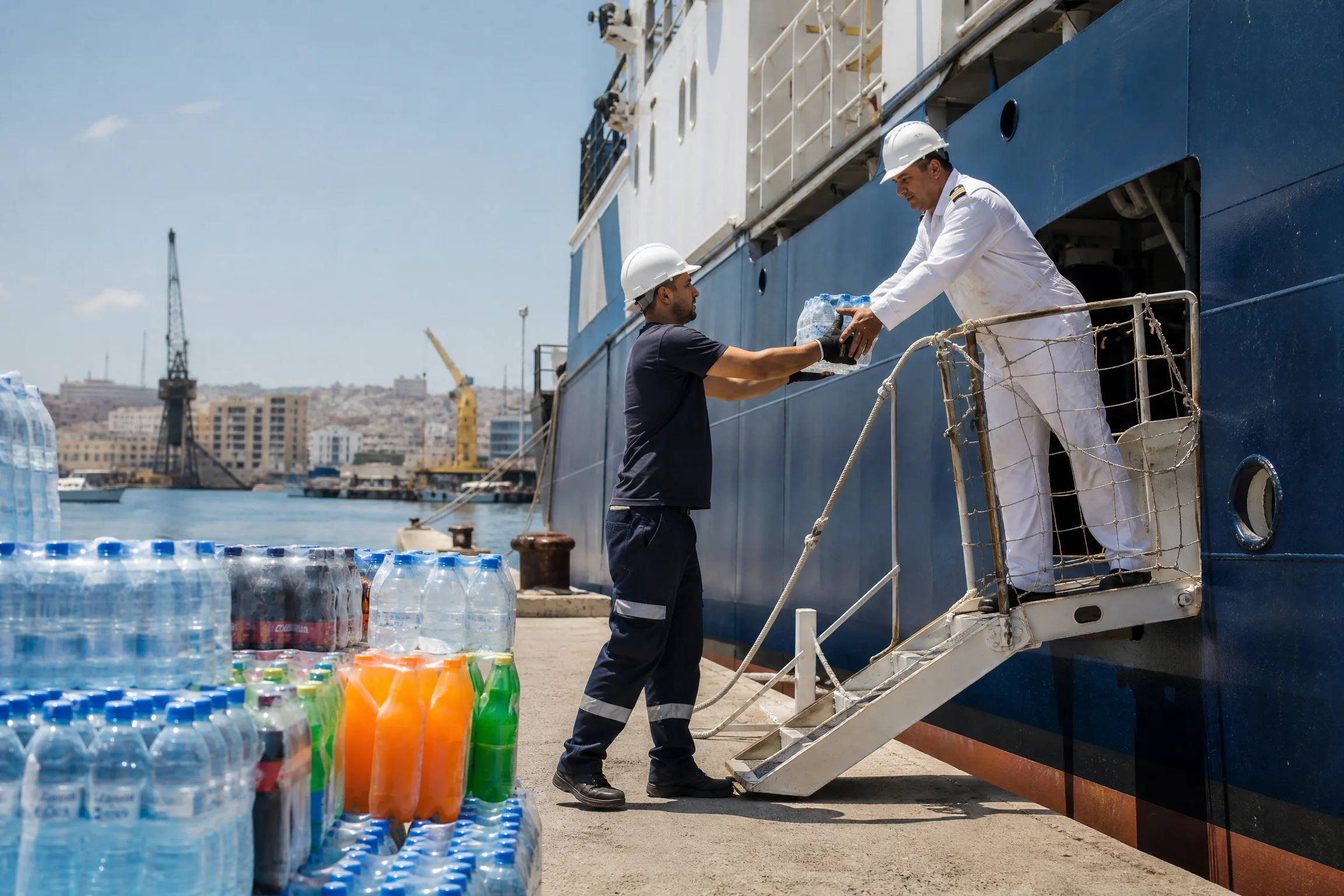 Beverages being handed over at ship side