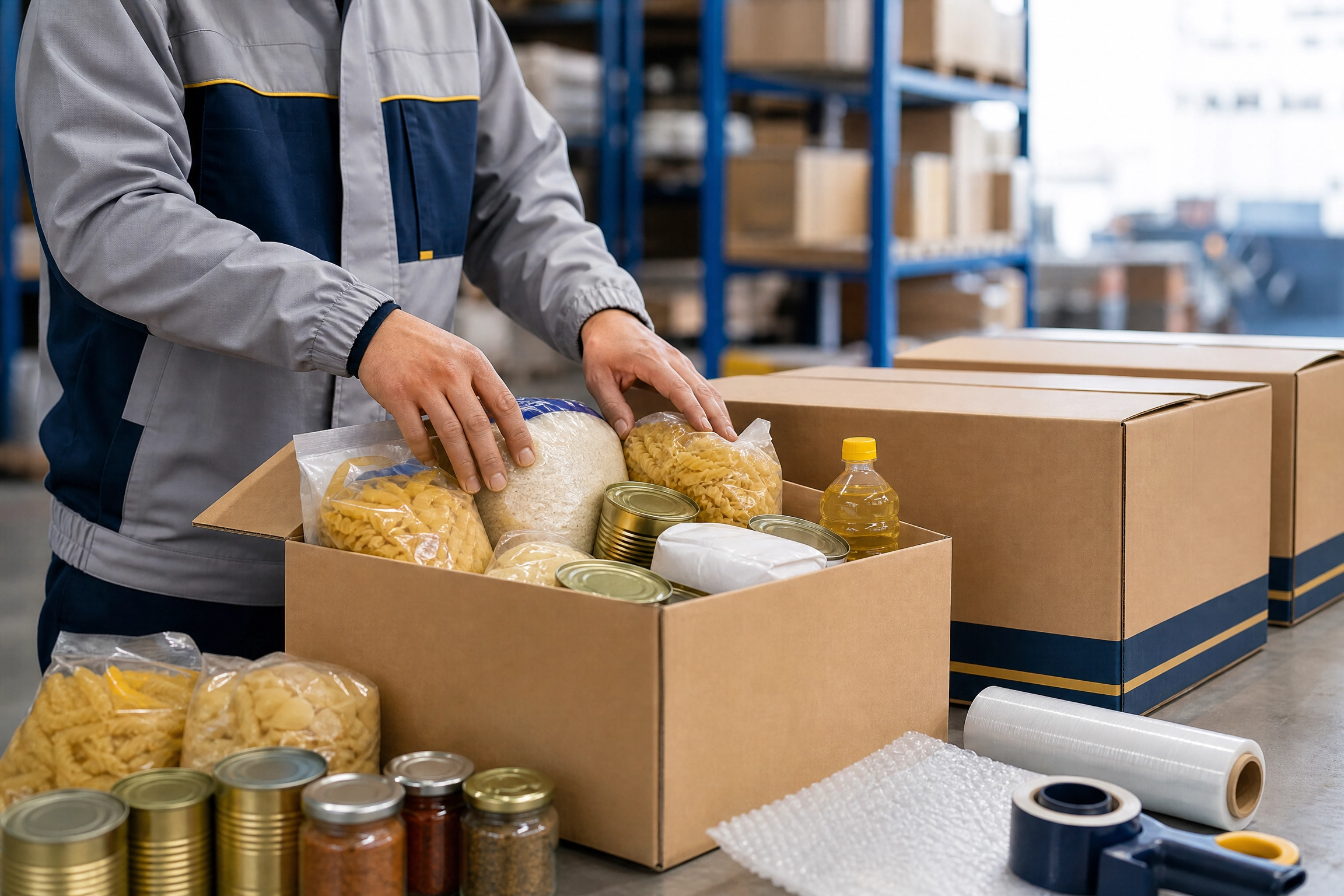Cartons of packed dry goods ready for dispatch to vessel