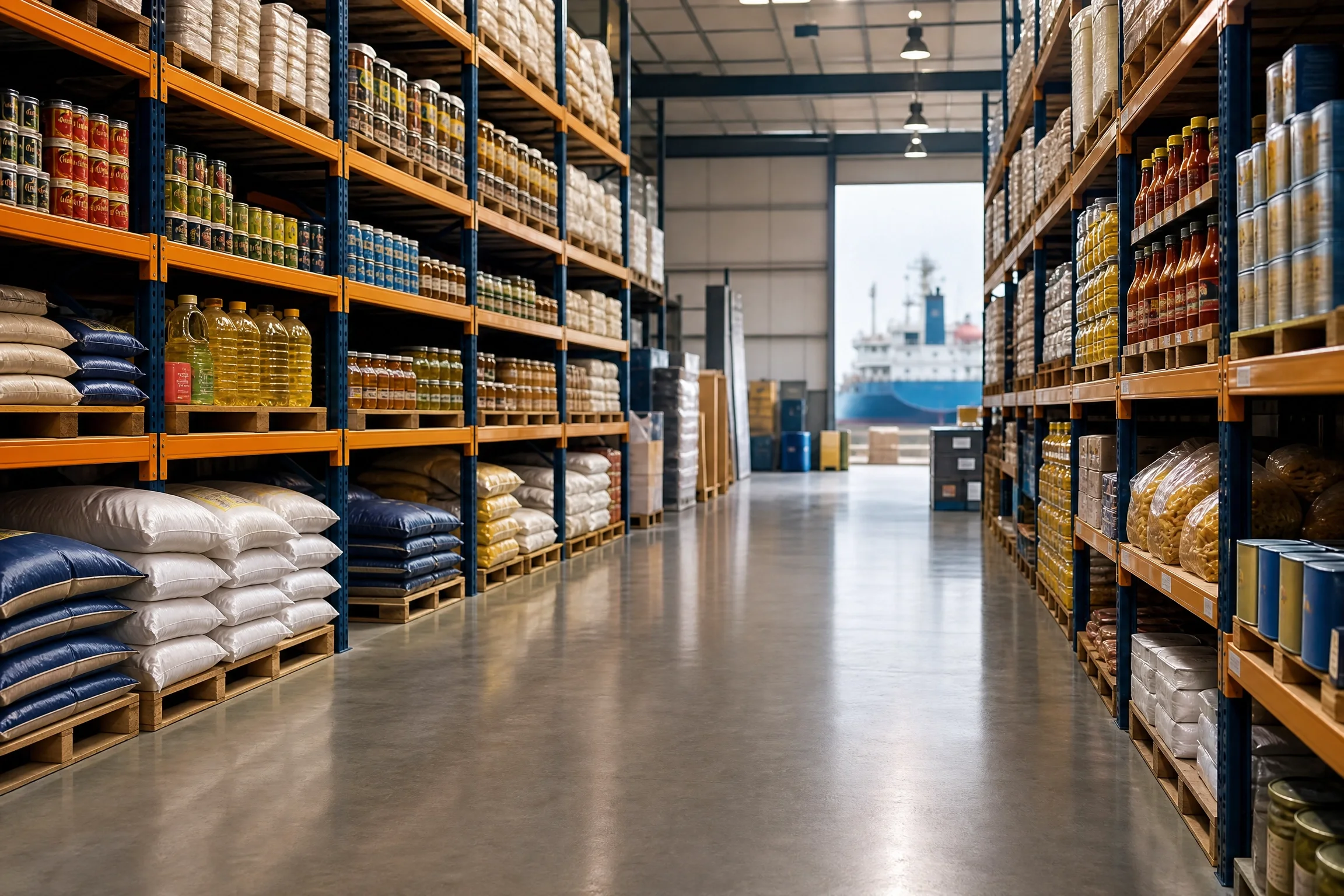 Warehouse shelving stocked with dry provisions for ship supply