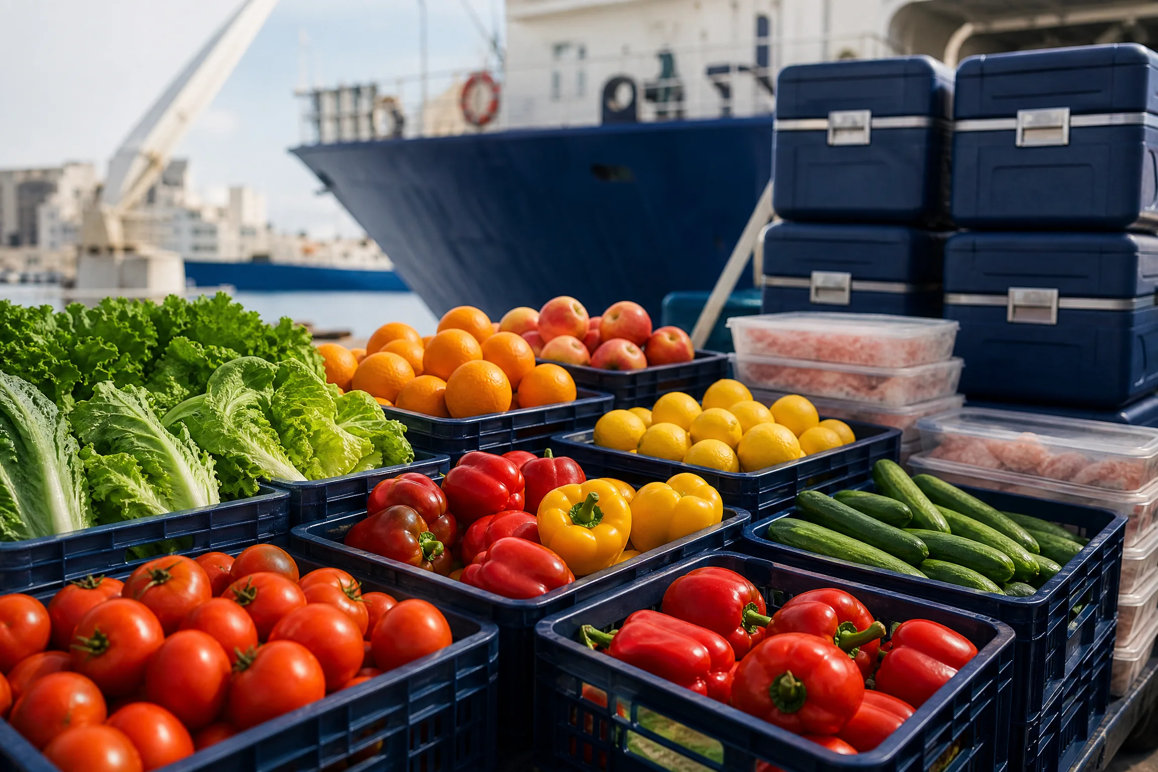 Crates of fresh fruit and vegetables ready for vessel supply