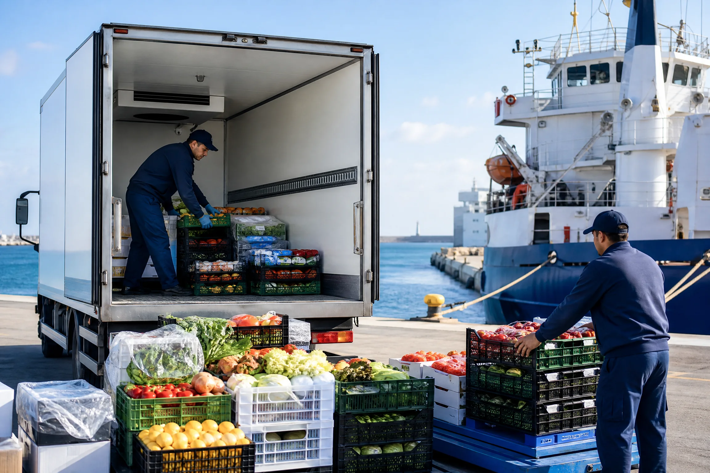 Refrigerated delivery truck loading fresh provisions dockside