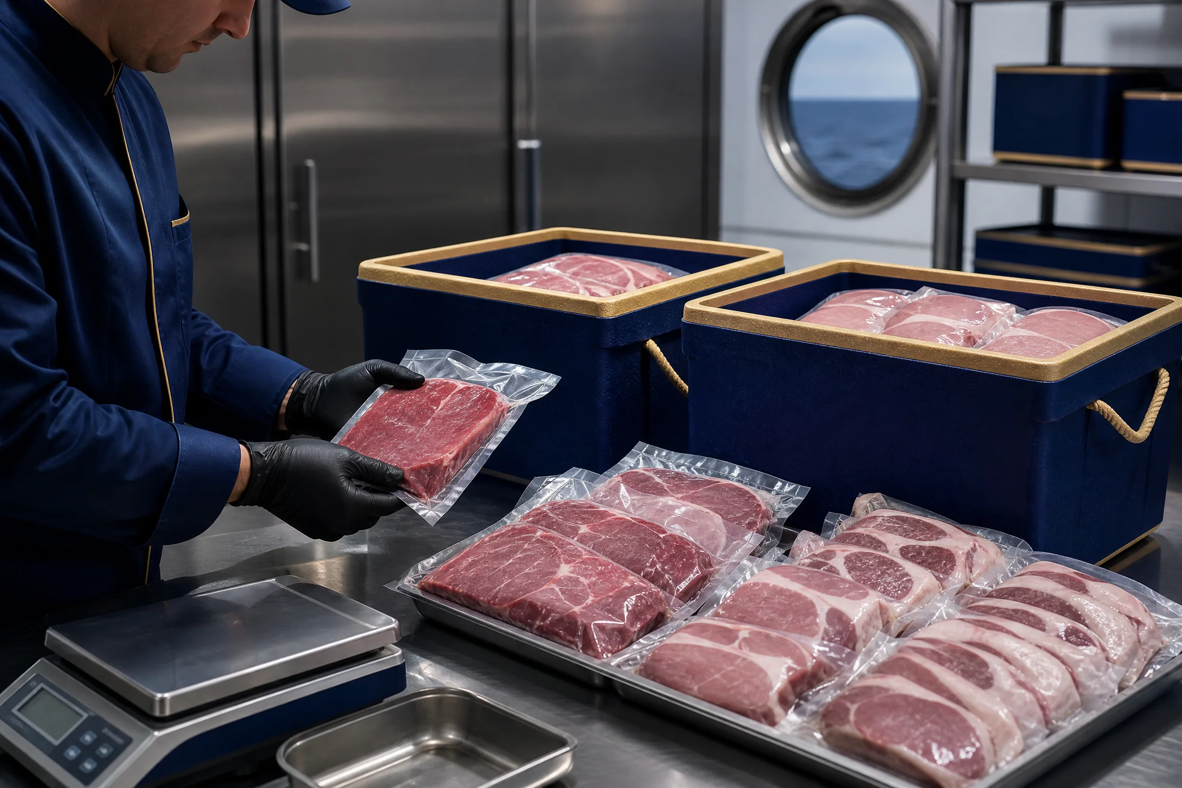 Vacuum-packed meat cuts prepared for vessel order