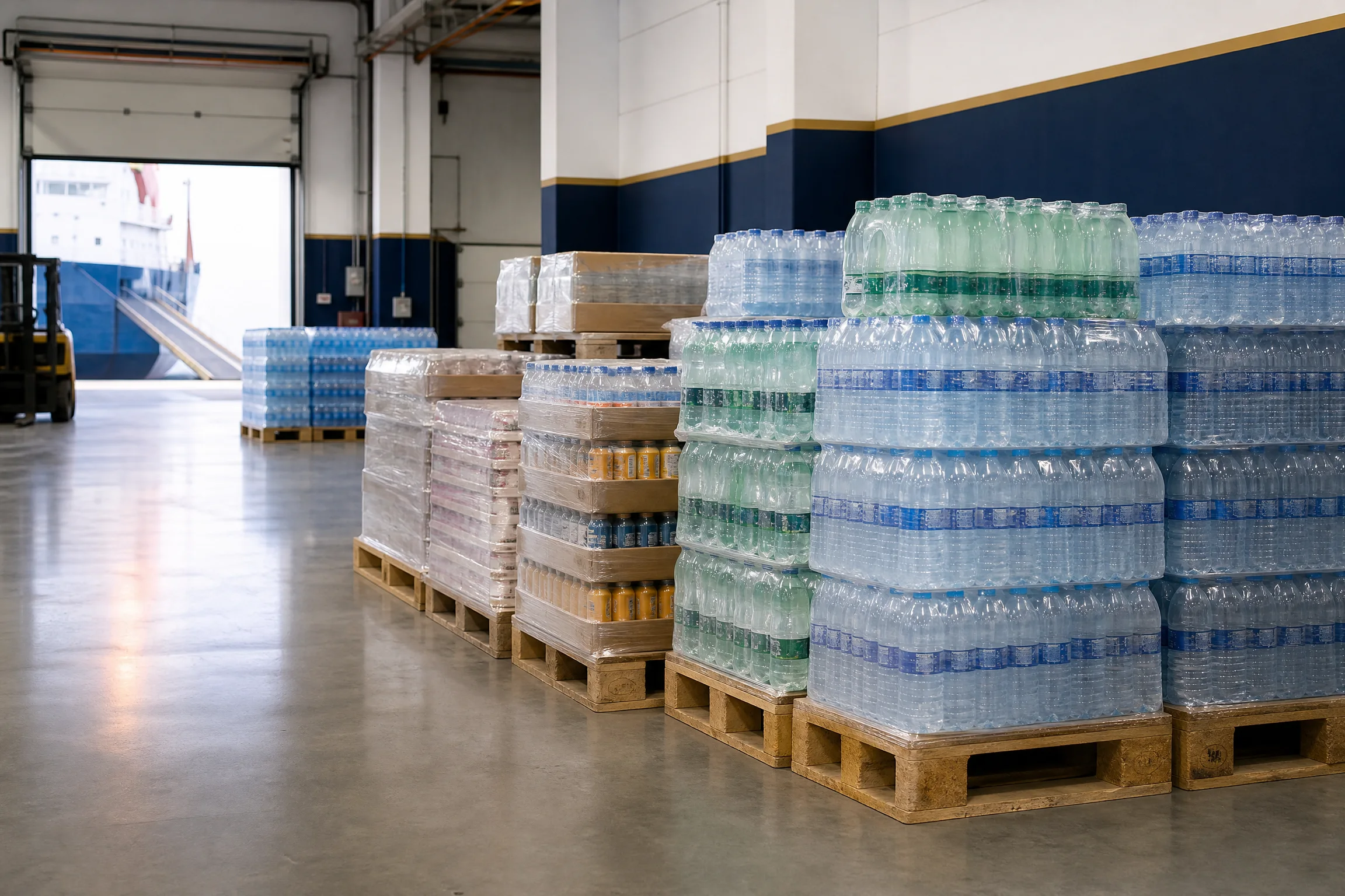 Pallets of bottled mineral water ready for vessel supply