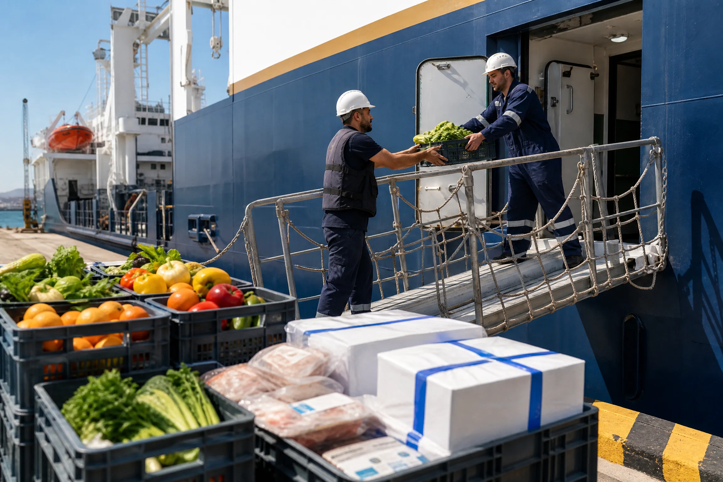 Crew receiving provisions at the gangway