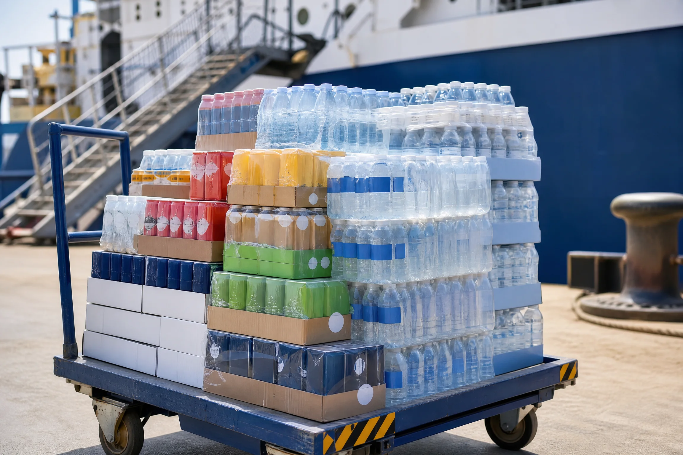 Crates of soft drinks loaded for ship delivery